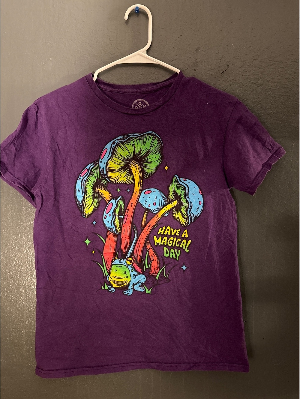 Purple Graphic 'Have A Magical Day' T-Shirt with Frog and Mushrooms